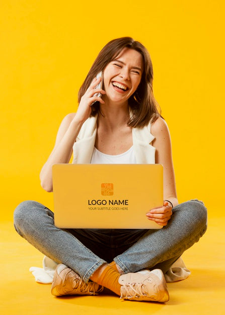 Woman With Laptop Mock-Up Psd