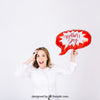 Woman With Speech Bubble Balloon For Event Psd