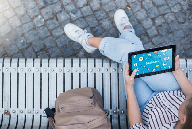 Woman With Tablet Mockup Psd