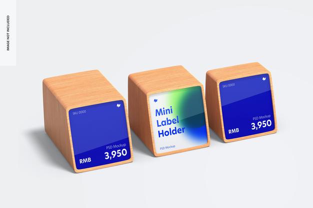 Wood Mini Price Label Holders Mockup, Perspective Psd