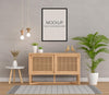 Wood Sideboard In Living Room With Frame Mockup Psd