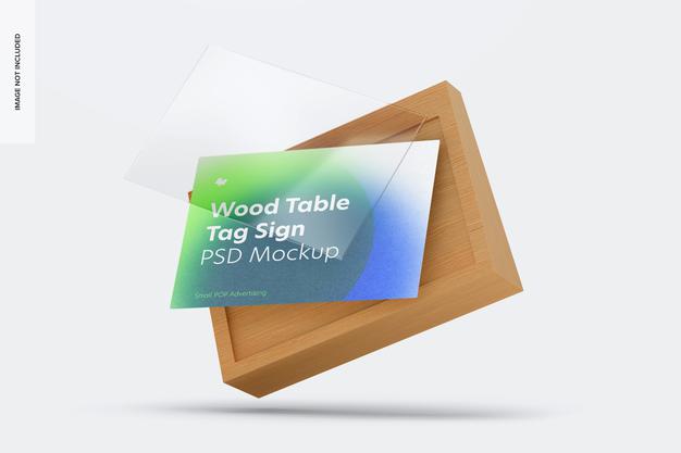 Wood Table Advertising Tag Sign Mockup, Falling Psd