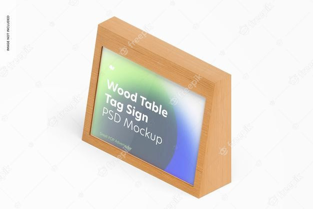 Wood Table Advertising Tag Sign Mockup, Isometric Left View Psd