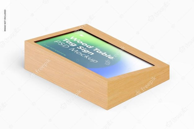 Wood Table Advertising Tag Sign Mockup, Isometric View Psd