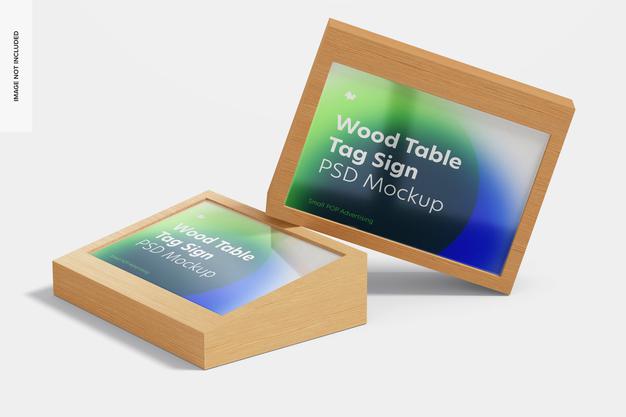 Wood Table Advertising Tag Signs Mockup Psd