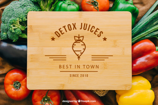 Wood Table Mockup With Vegetable Designs Psd