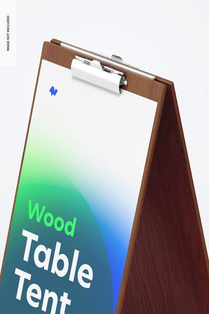 Wood Table Tent With Clip Mockup, Close-Up Psd