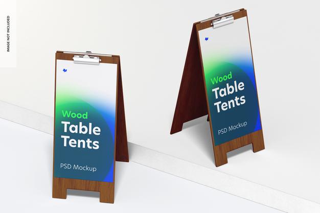 Wood Table Tents With Clip Mockup, Front View Psd
