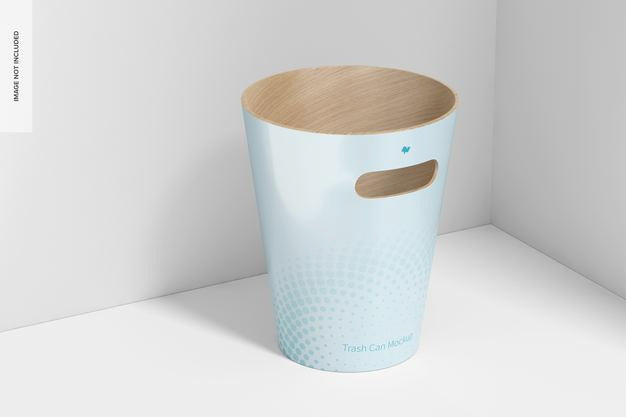 Wood Trash Can Mockup, Perspective View Psd