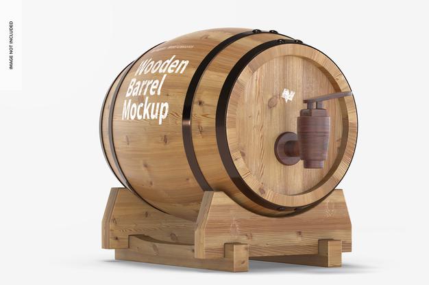 Wooden Barrel On Stand Mockup, Left View Psd