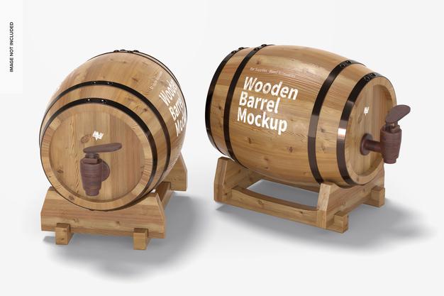 Wooden Barrels On Stand Mockup, Perspective Psd