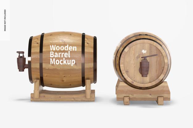 Wooden Barrels On Stand Mockup Psd