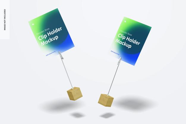 Wooden Base Photo Clip Holders Mockup, Falling Psd