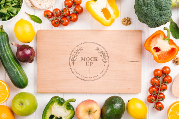 Wooden Board And Veggies Vegan Food Mock-Up Psd