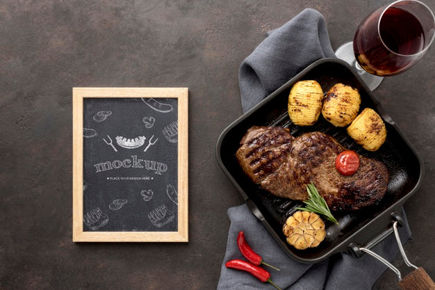 Wooden Board With Grilled Meat On Desk Psd