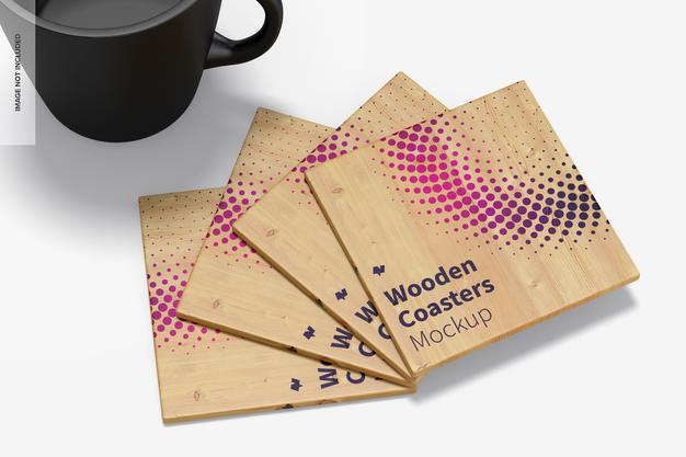 Wooden Coasters Mockup, Close-Up Psd