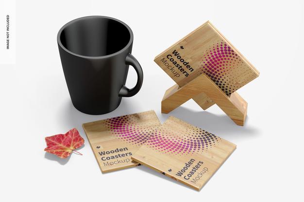 Wooden Coasters With Mug Mockup Psd