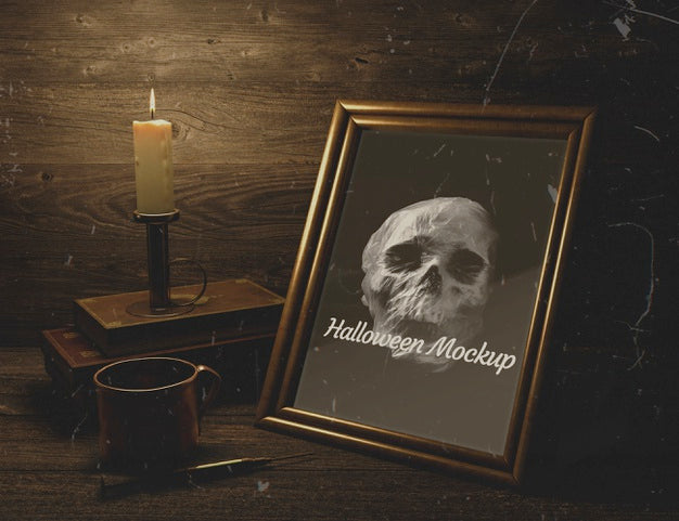 Wooden Decor And Halloween Mock-Up Frame With Skull Psd