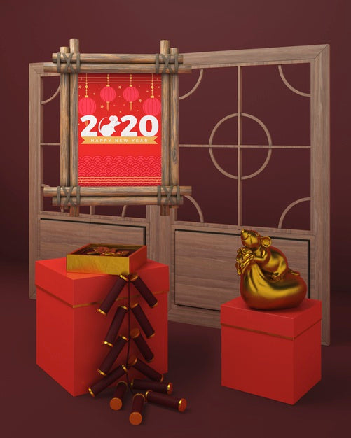 Wooden Frame And Gift Boxes For New Year Psd