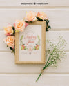 Wooden Frame, Flowers And Bouquet Psd