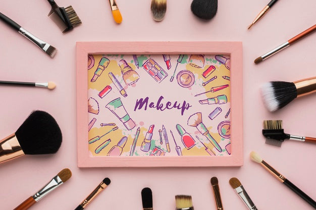 Wooden Frame Surrounded By Makeup Brushes Psd