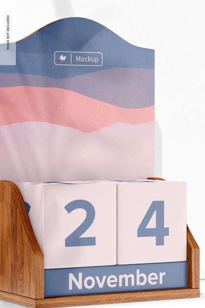 Wooden Infinite Desk Calendar Mockup, Close Up Psd
