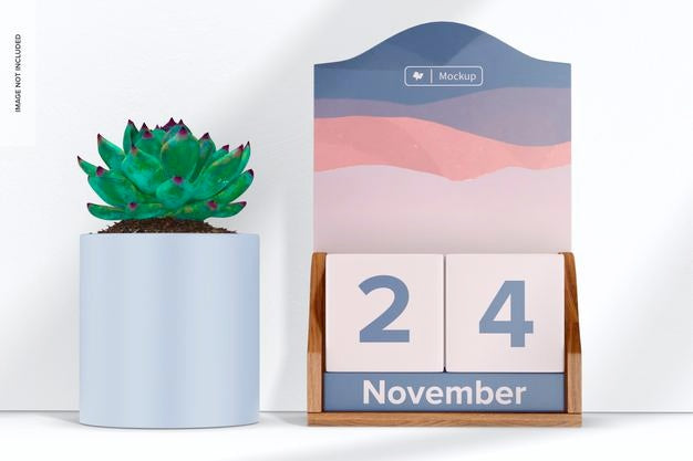 Wooden Infinite Desk Calendar Mockup, With Plant Pot Psd