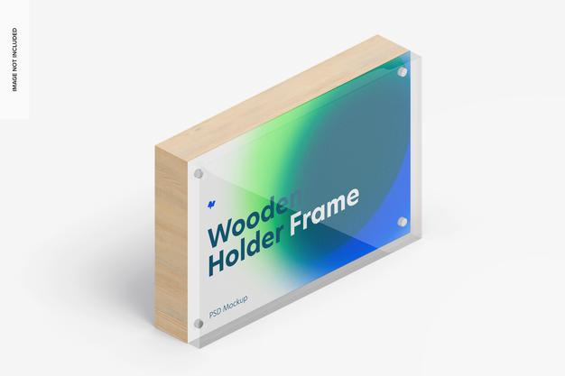 Wooden Label Holder Frame Mockup, Isometric Right View Psd