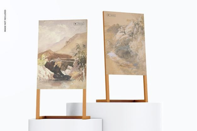 Wooden Leaned Exhibition Display On Podiums Mockup Psd