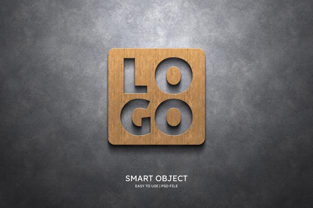 Wooden Logo Mockup On The Grey Wall Psd
