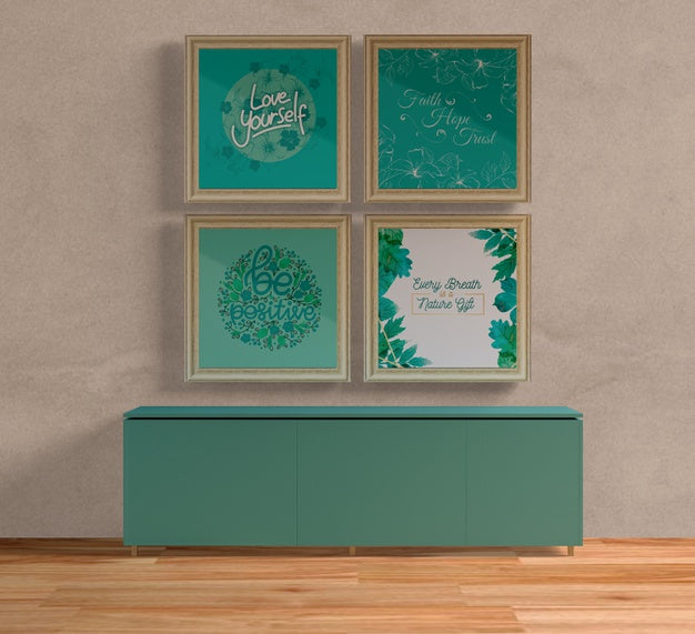 Wooden Painting Frames Above Blue Table Psd