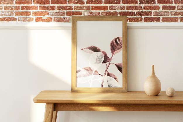 Wooden Picture Frame Mockup On A Wooden Sideboard Table Psd