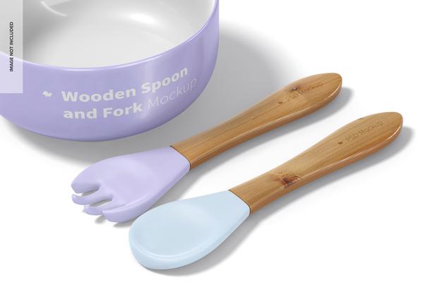 Wooden Spoon And Fork Mockup, Left View Psd