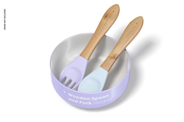 Wooden Spoon And Fork With Bowl Mockup Psd
