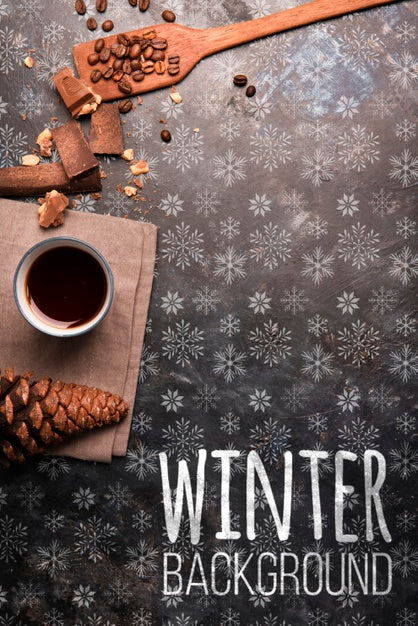 Wooden Tray With Coffee On Winter Psd