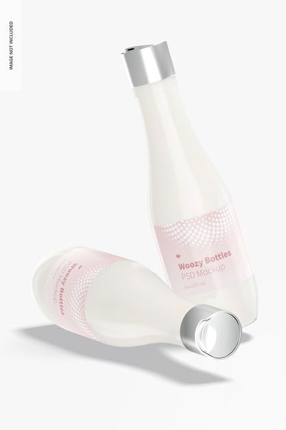 Woozy Bottles With Disc Top Cap Mockup, Standing And Dropped Psd
