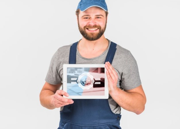 Worker Holding Tablet Mockup For Labor Day Psd