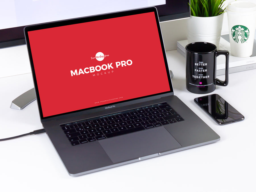 Workstation Macbook Pro Mockup Psd Beside Smartphone