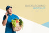 Worried Delivery Man Holding A Box With Different Vegetables Psd