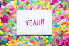 Yeah! Text On Paper And Colorful Party Confetti Background Party Concept Psd