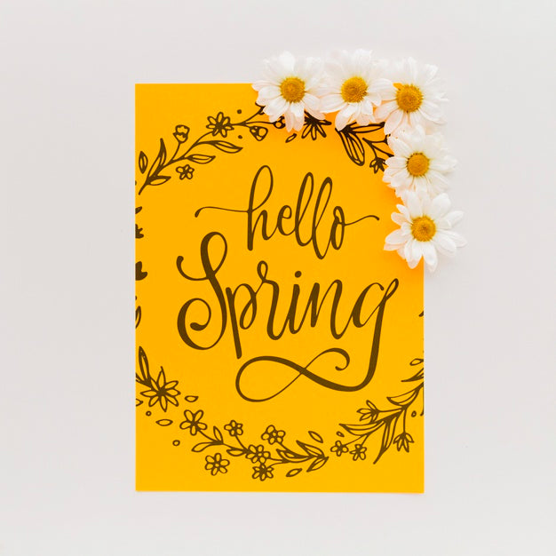 Yellow Paper Mockup With Spring Flowers Psd