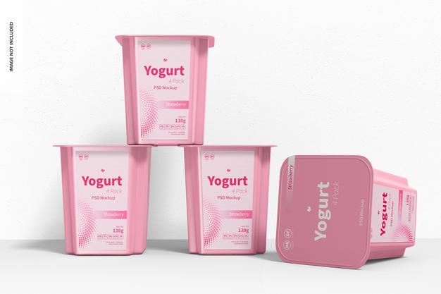 Yogurt 4 Pack Mockup, Stacked Psd