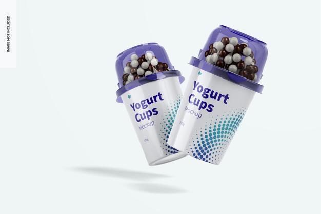 Yogurt Cups Mockup, Falling Psd