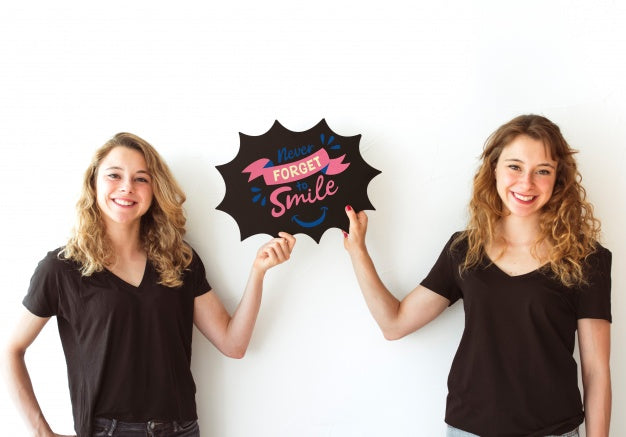 Young Girls Holding Speech Bubble Slate Mockup Psd