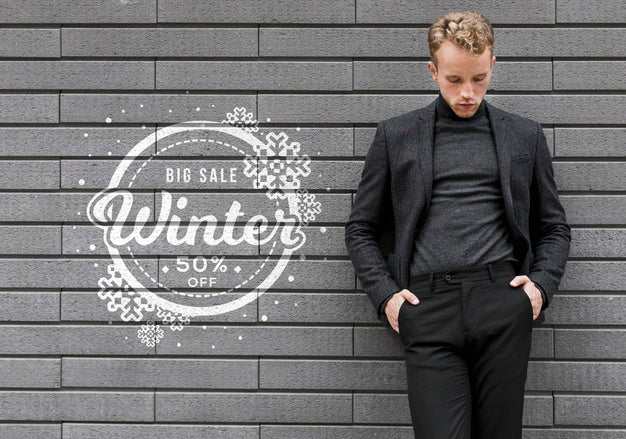 Young Male Promoting Winter Sales Dicounts Psd