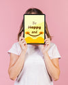 Young Woman Covering The Face With A Tablet Mock-Up Psd