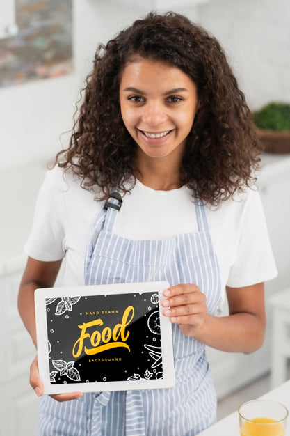 Young Woman Holding Frame With Food Message Psd