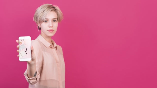 Young Woman Holding Smartphone Mockup Psd