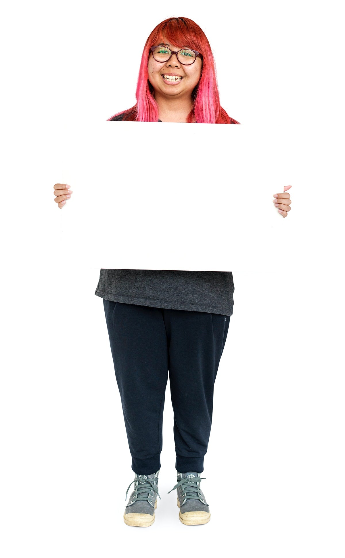 Young Woman Pink Hair Holding Empty Board For Communication Advertising