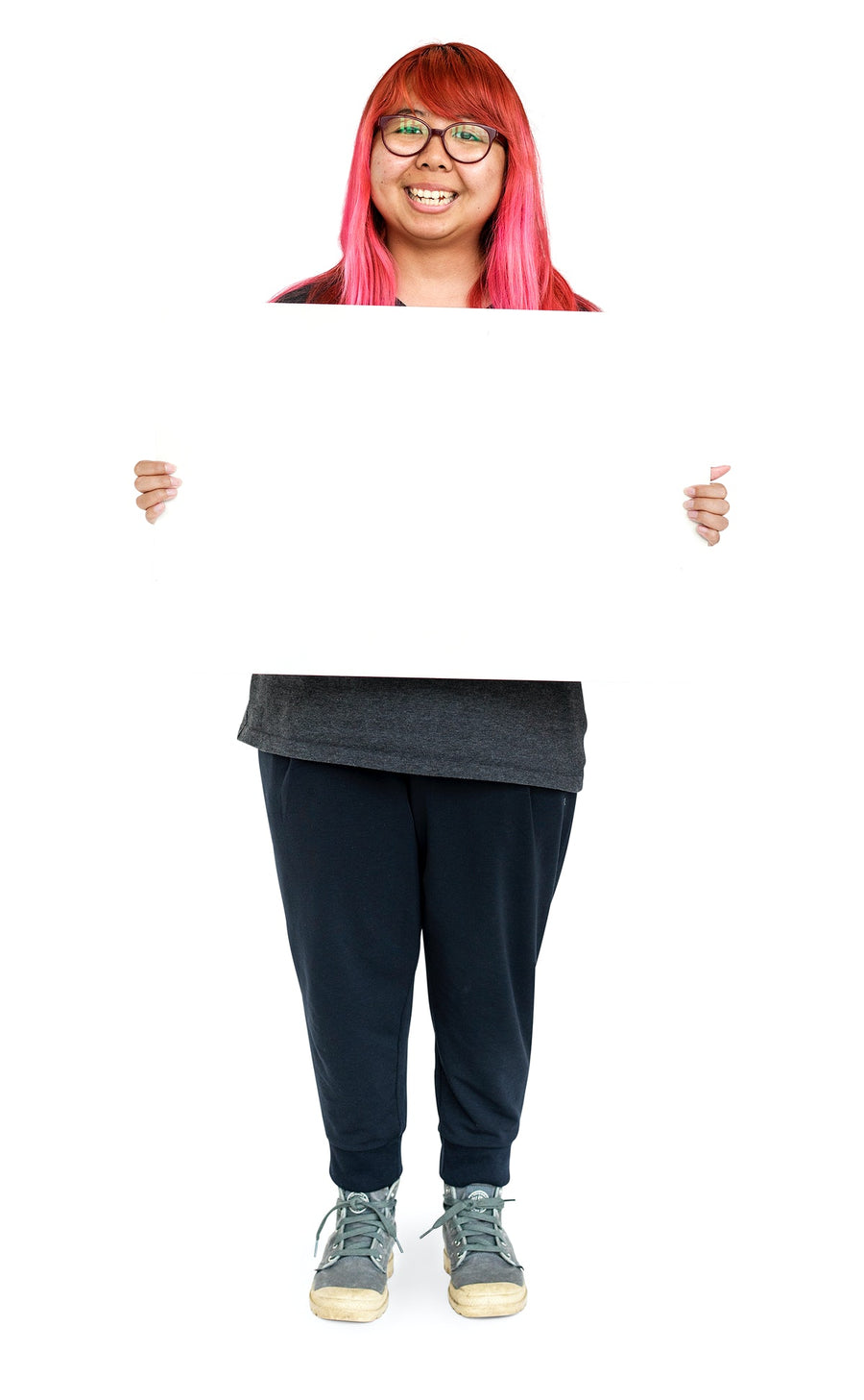Young Woman Pink Hair Holding Empty Board For Communication Advertising